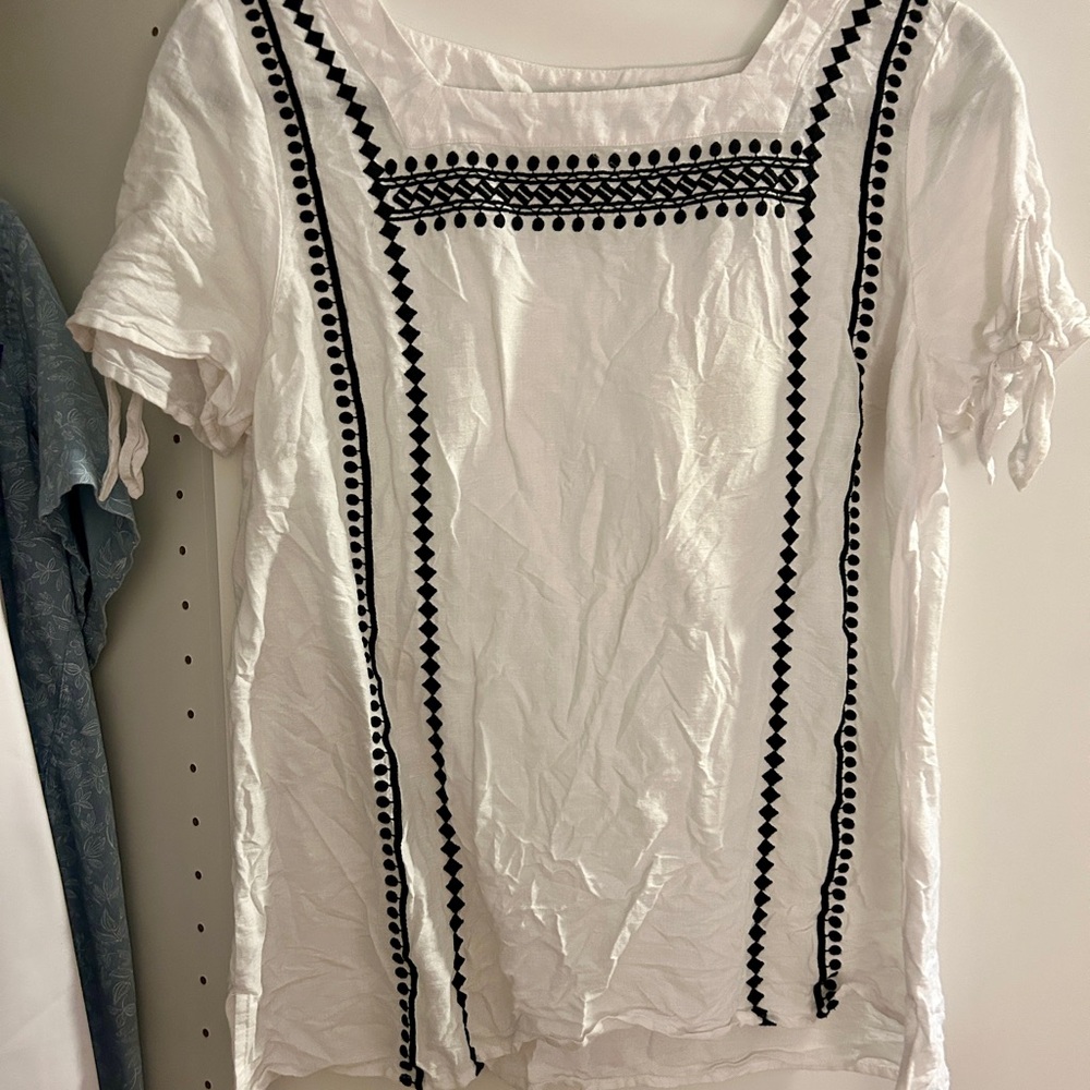 Talbots White Square Neck Embroidered Linen Top Tie Sleeve